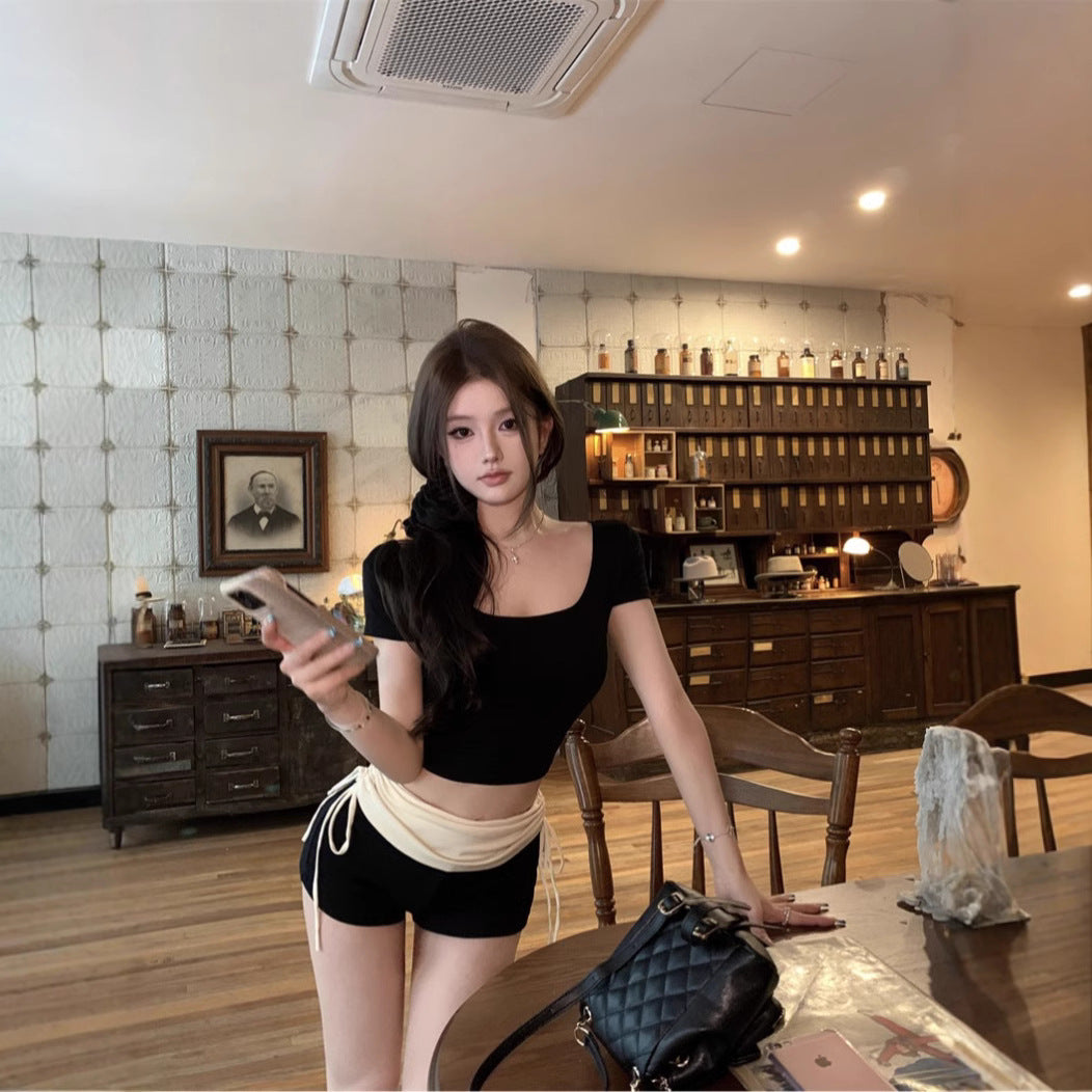 Black Slim-fit Crewneck Short-sleeve T-shirt Womens Figure-flattering All-match Top