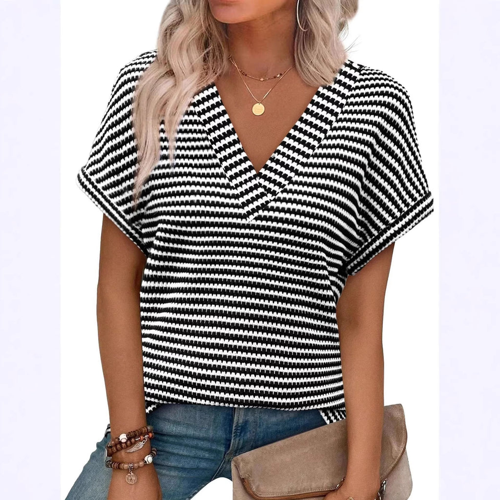 Summer V Neck Striped Loose Short Sleeve
