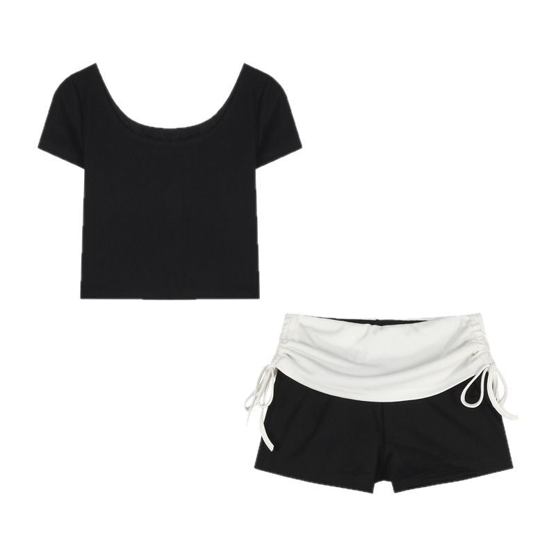 Black Slim-fit Crewneck Short-sleeve T-shirt Womens Figure-flattering All-match Top