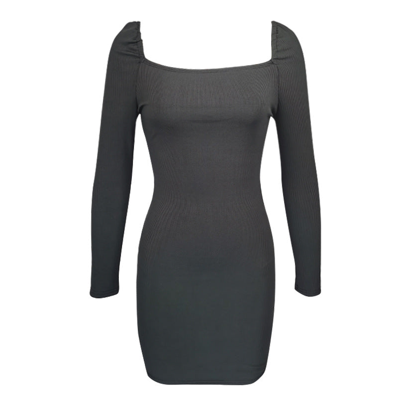 Square-neck Puffed-sleeve Slim-fit Sexy Dress