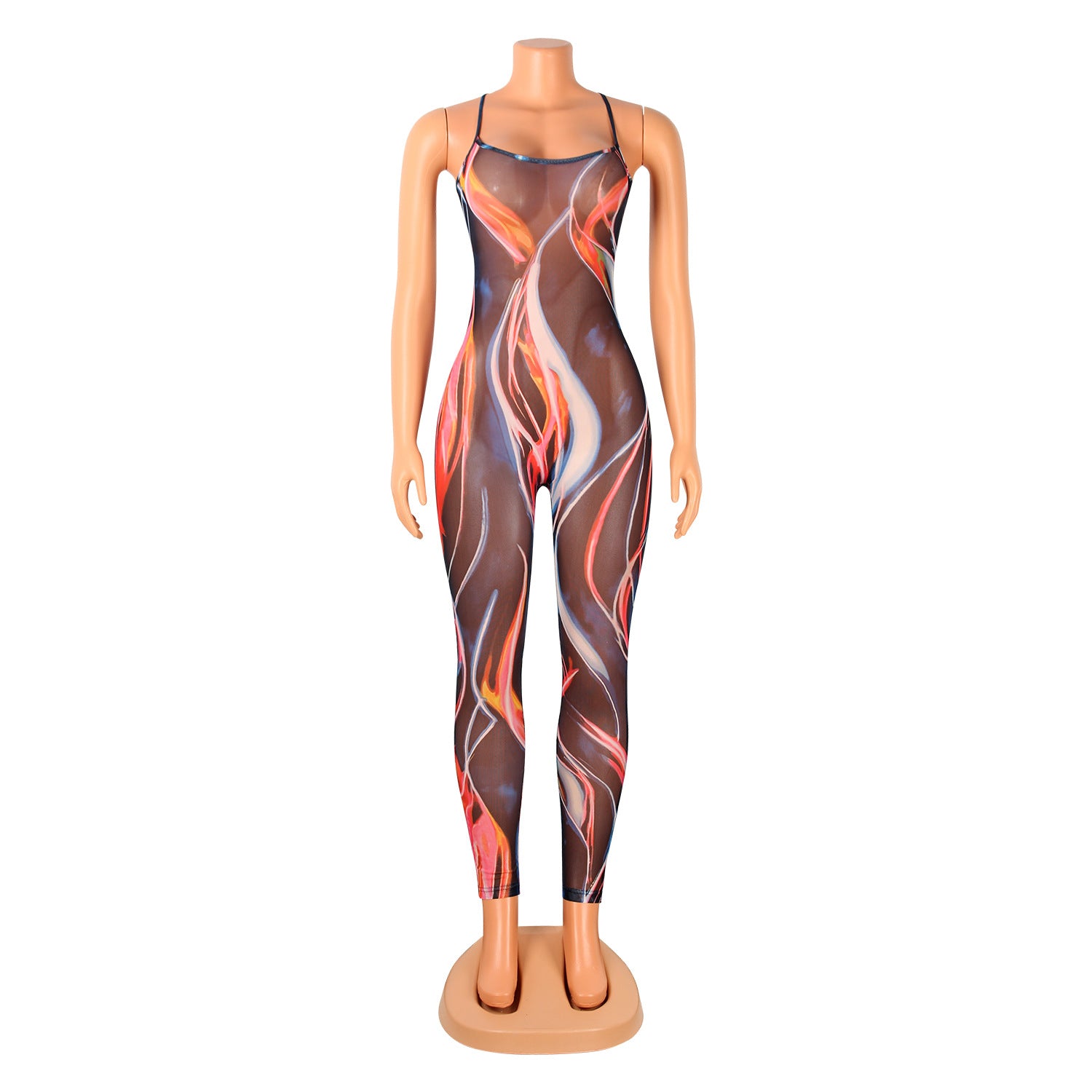 Chic See‑Through Mesh Suspender Jumpsuit