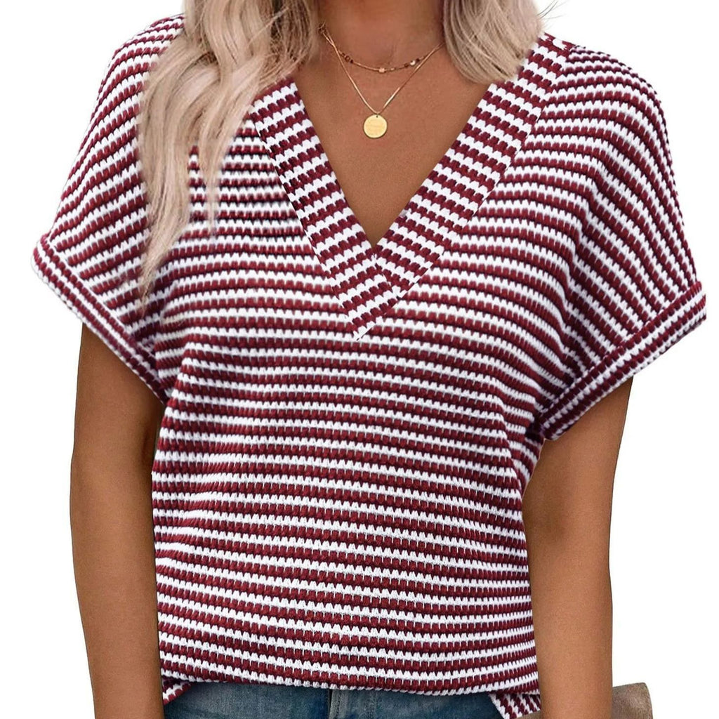 Summer V Neck Striped Loose Short Sleeve