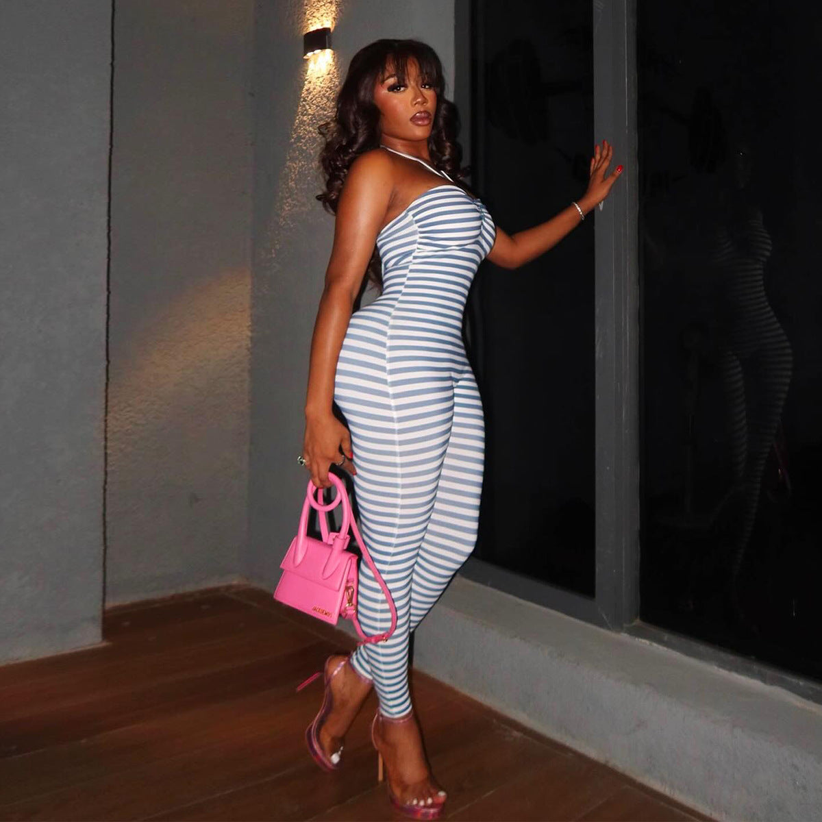 Backless Striped Bodycon Jumpsuit